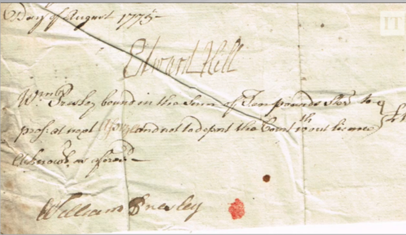 Irish document from the video showing signature of William Presley