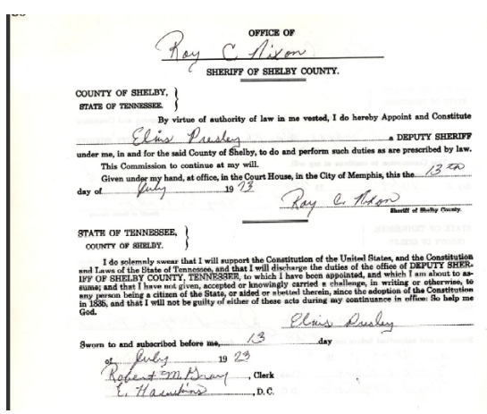 Elvis document from Sherriff of Shelby county
